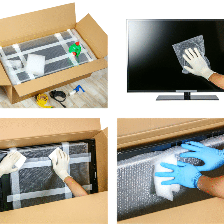 Images showing the process of packing and cleaning a flat-screen TV for transport.