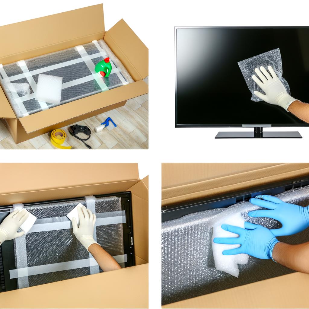 Images showing the process of packing and cleaning a flat-screen TV for transport.