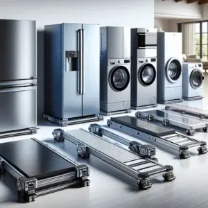 Various appliance sliders arranged on a floor with refrigerators and washing machines in the background.