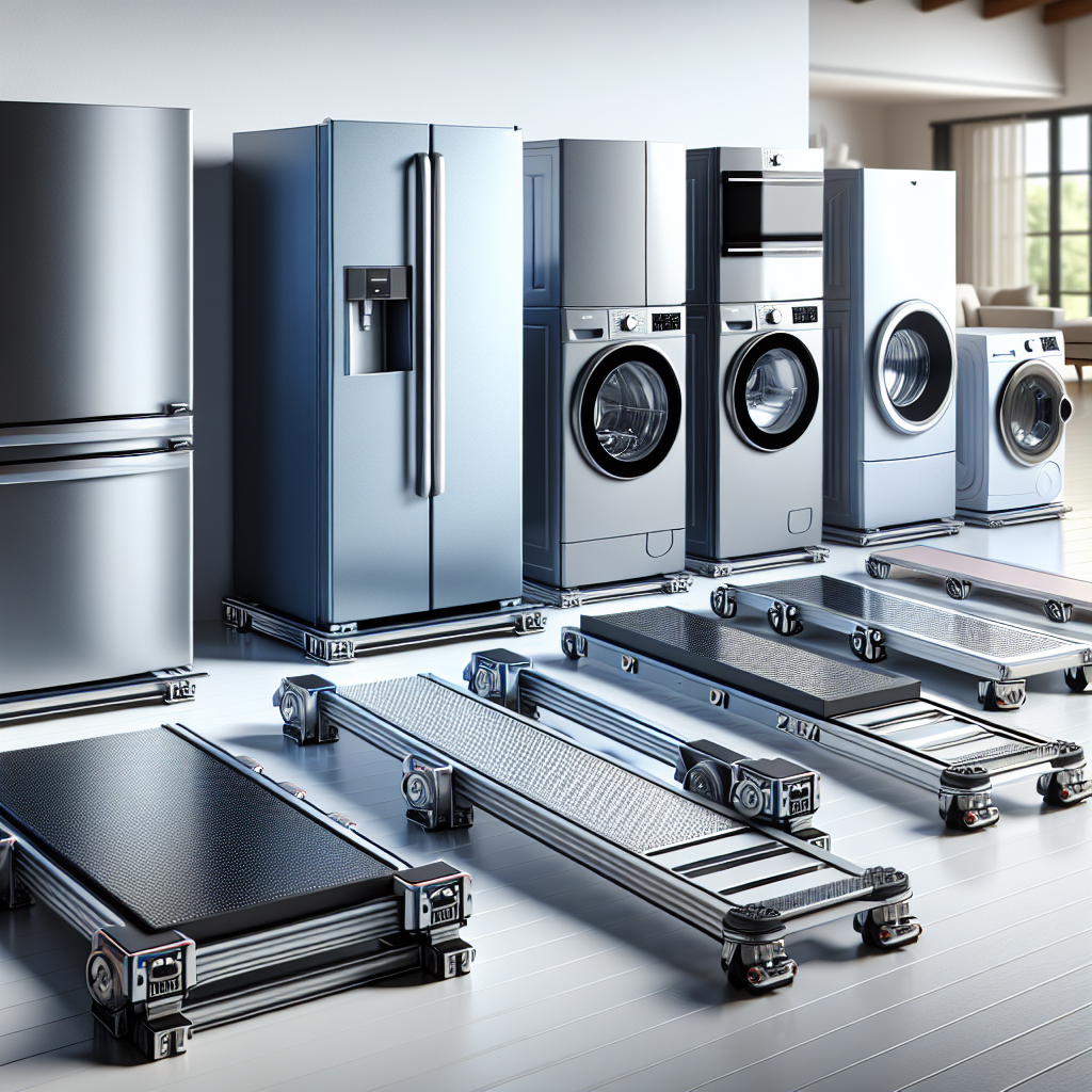 Various appliance sliders arranged on a floor with refrigerators and washing machines in the background.