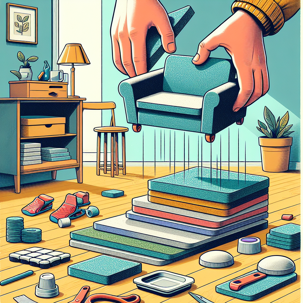 Illustration showing hands assembling a couch with various components laid out on the floor.