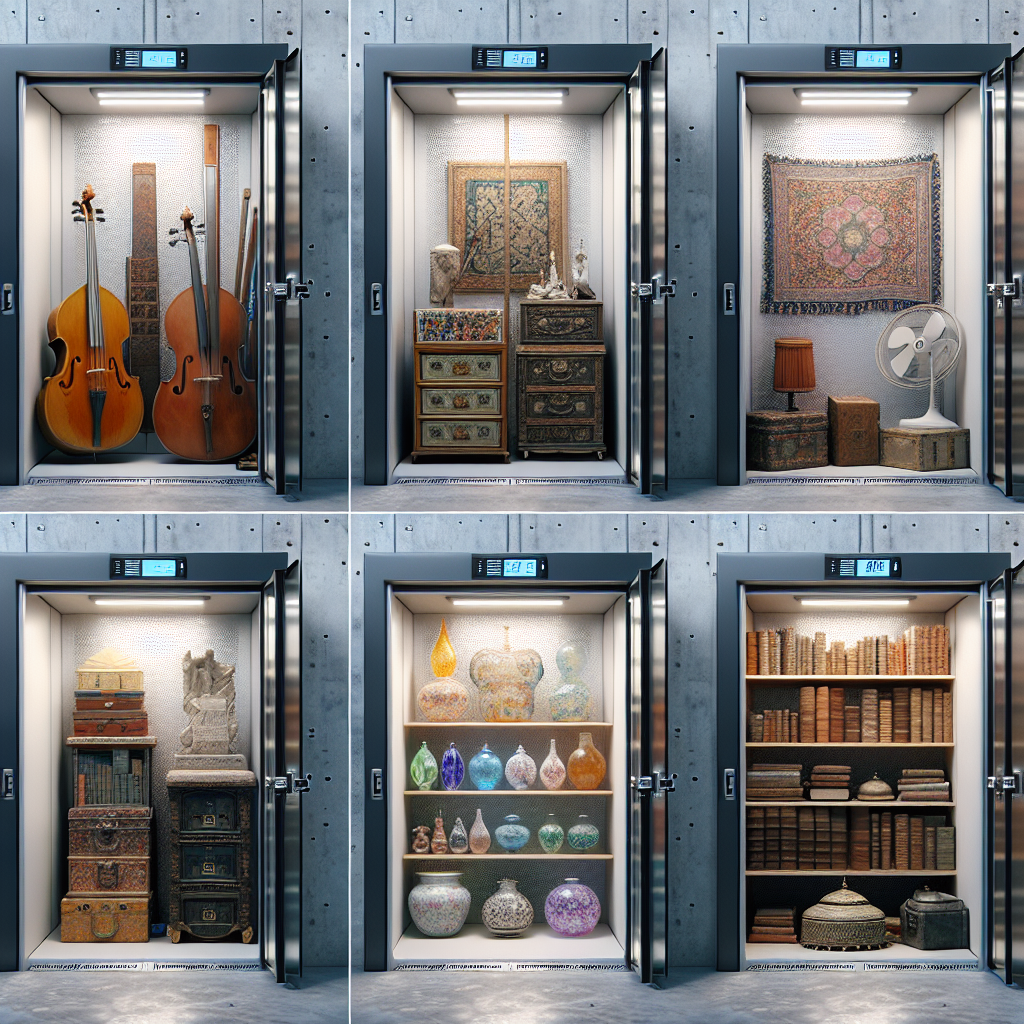 Four climate-controlled storage units displaying various items including musical instruments, antiques, and books.