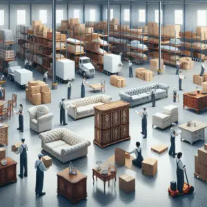 Interior view of a furniture storage facility with various furniture items and moving personnel organizing boxes.