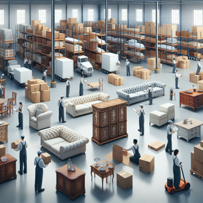 Interior view of a furniture storage facility with various furniture items and moving personnel organizing boxes.