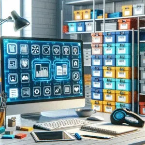 Computer monitor displaying digital organization tools and icons in a workspace setting.