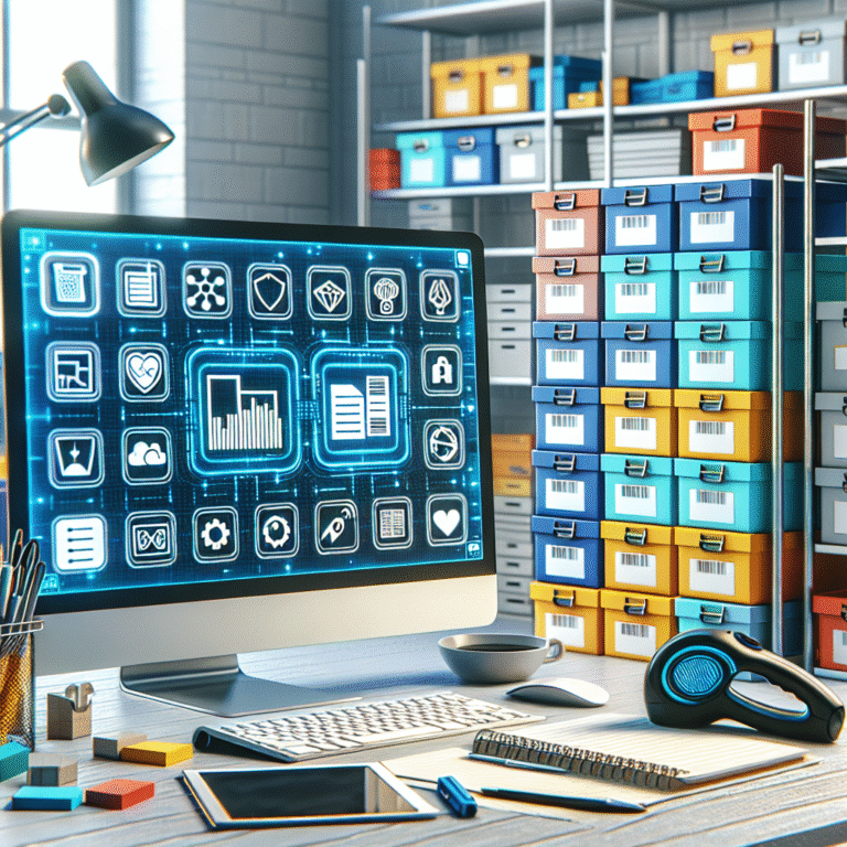 Computer monitor displaying digital organization tools and icons in a workspace setting.
