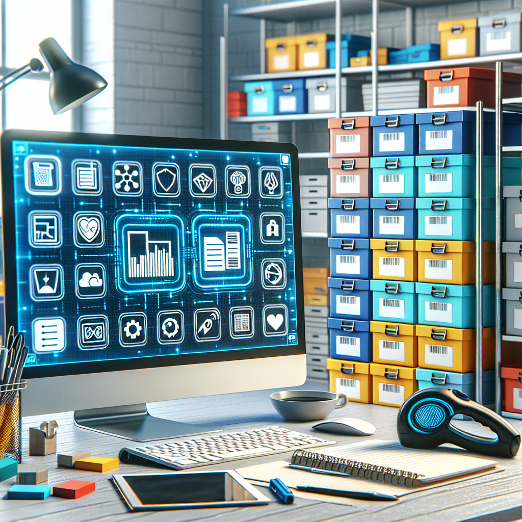 Computer monitor displaying digital organization tools and icons in a workspace setting.