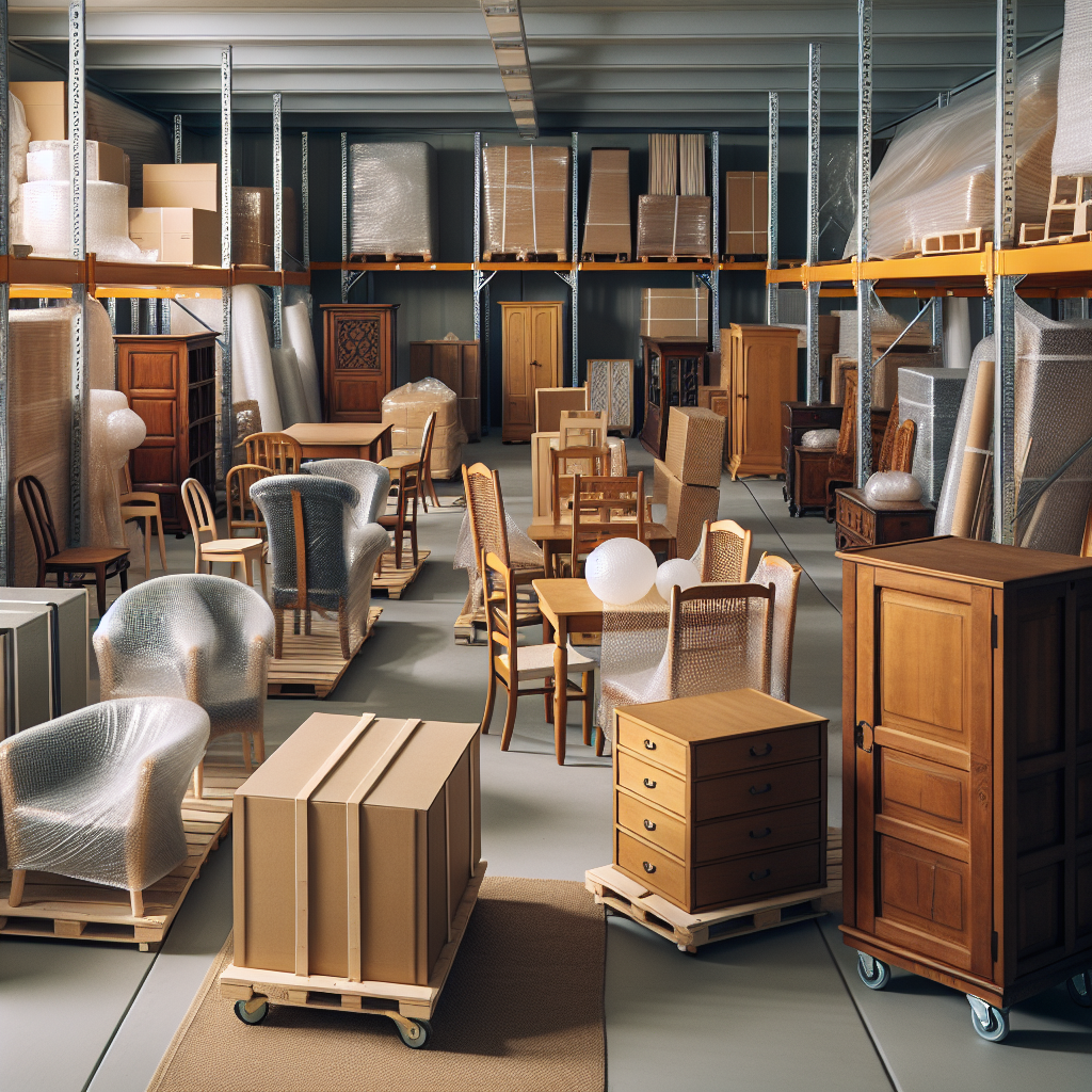 Interior view of a furniture storage area with various wrapped furniture items on display.