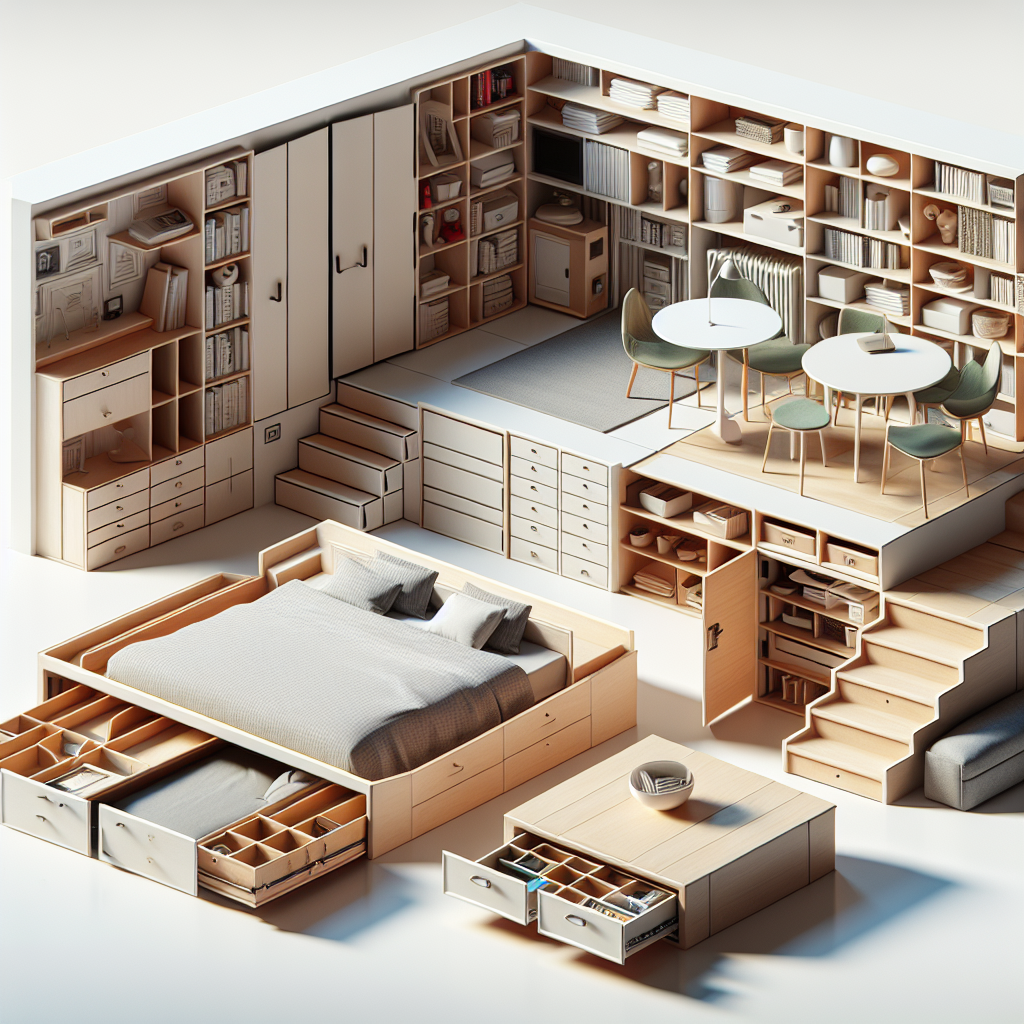 Stylized interior layout featuring furniture with hidden storage compartments in a modern design.