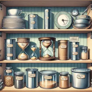 A wooden pantry shelf displaying labeled containers, jars, and kitchen items in an organized manner.