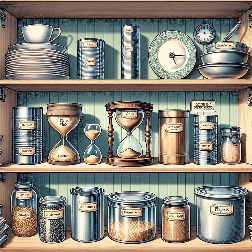 A wooden pantry shelf displaying labeled containers, jars, and kitchen items in an organized manner.