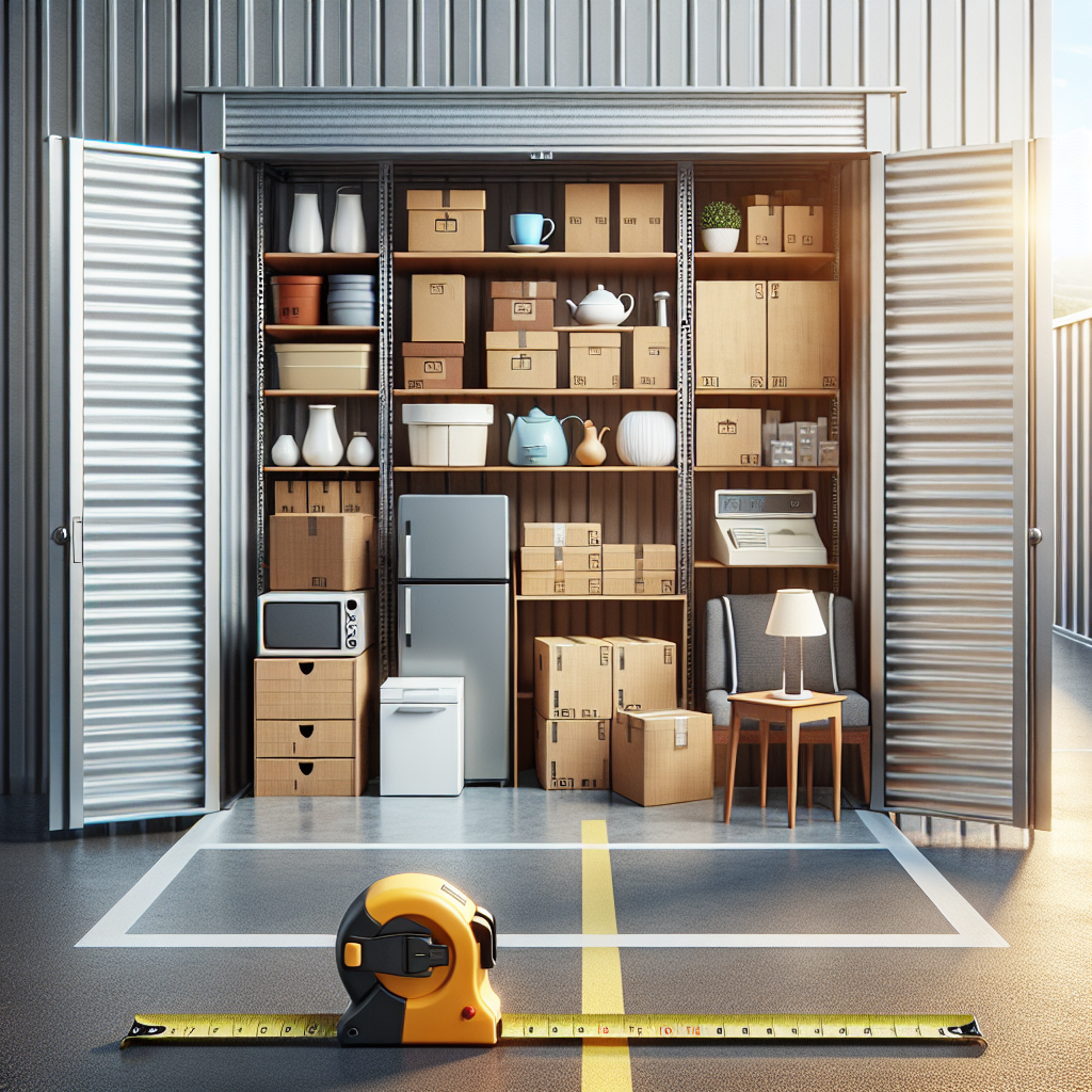 Storage unit filled with cardboard boxes, furniture, and household items, with a measuring tape in front.