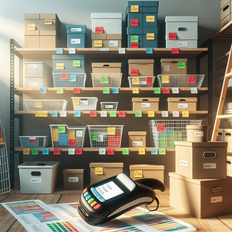 A labeling system displayed on storage boxes and a scanner on a table in a storage area.