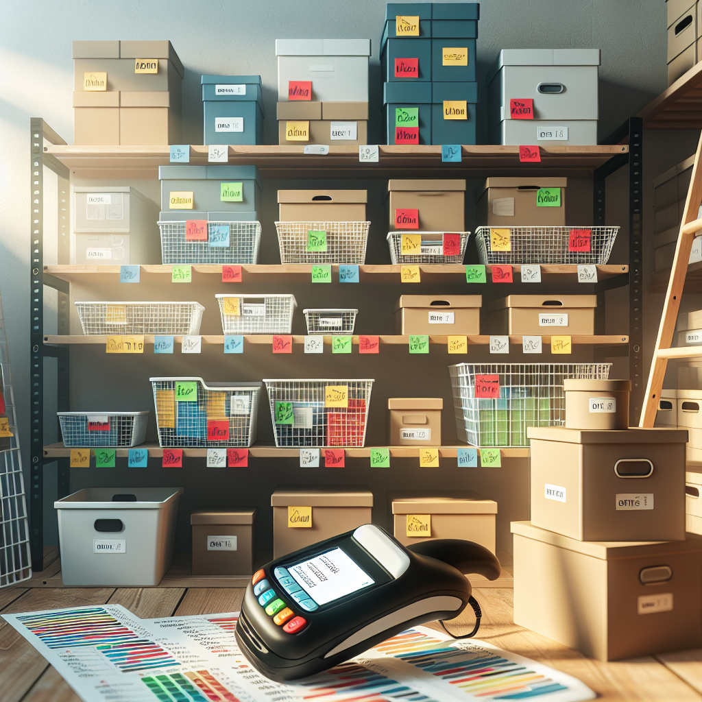 A labeling system displayed on storage boxes and a scanner on a table in a storage area.