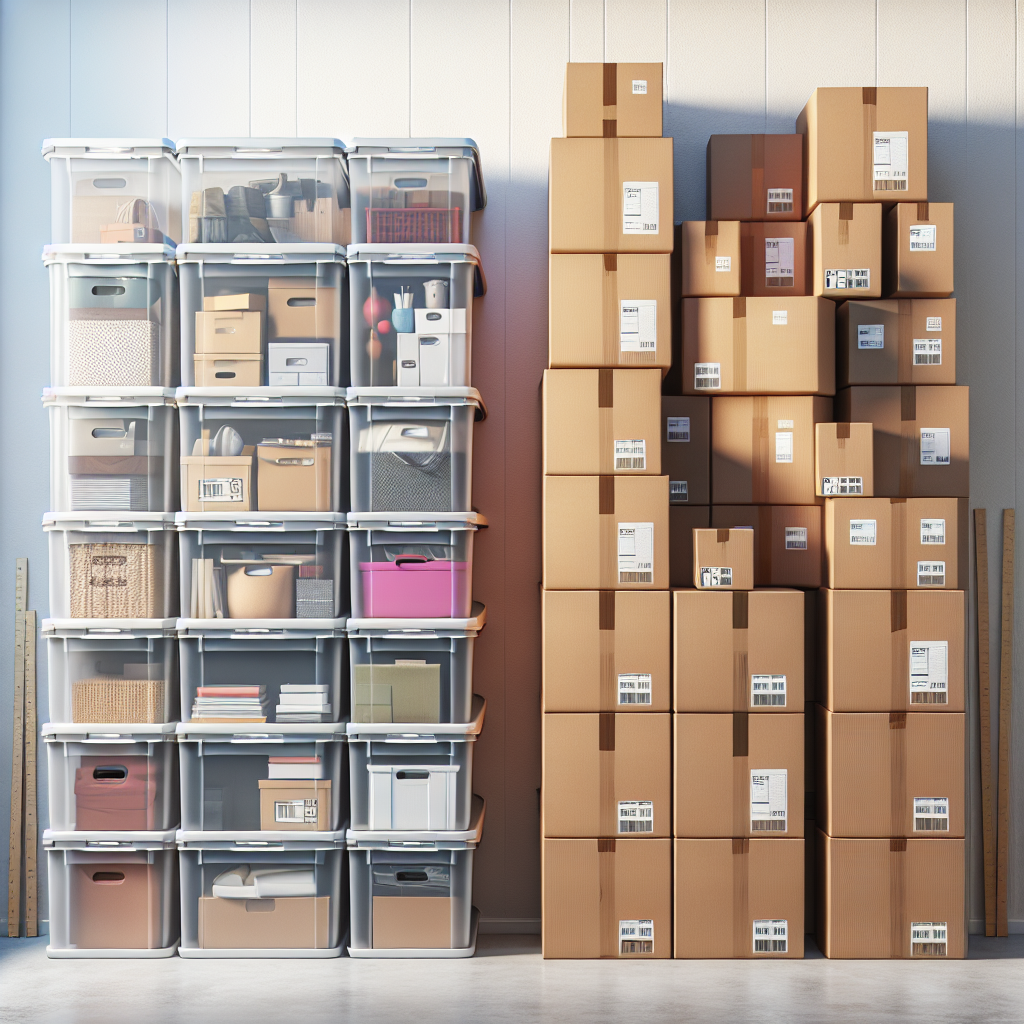 Stacked transparent moving bins and cardboard boxes arranged for storage comparison.