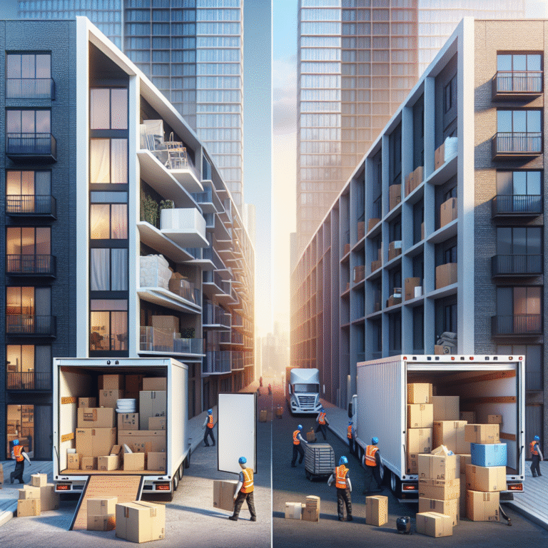 Side-by-side comparison of pod storage and traditional storage units with moving trucks and workers.