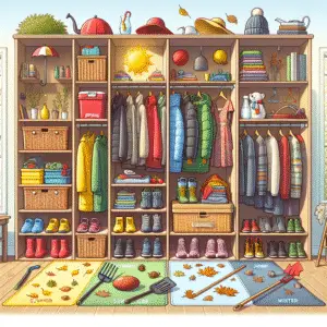 Illustration of a storage unit organized by seasonal clothing and items for spring, summer, autumn, and winter.