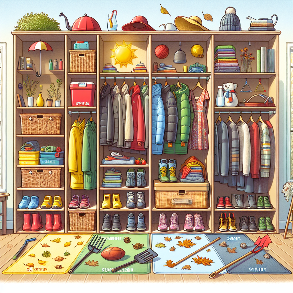 Illustration of a storage unit organized by seasonal clothing and items for spring, summer, autumn, and winter.