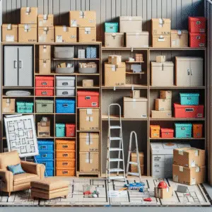 A storage unit filled with cardboard boxes and a couch in the center.