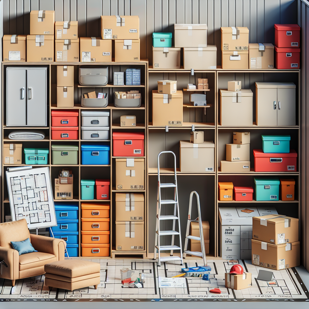 A storage unit filled with stacked boxes, a couch, and shelving units.