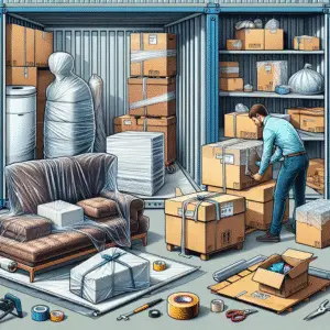 Illustration of a person organizing boxes and furniture in a storage container with packing materials.