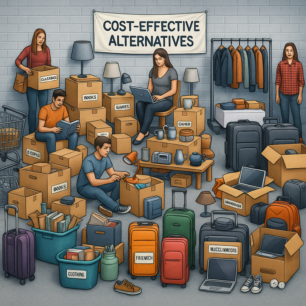 Illustration showing individuals interacting with boxes labeled with various items like clothing, books, and games in a storage area.