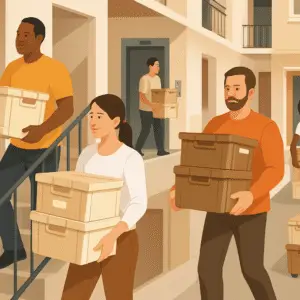 Illustration showing diverse individuals carrying boxes while moving between floors in a building.