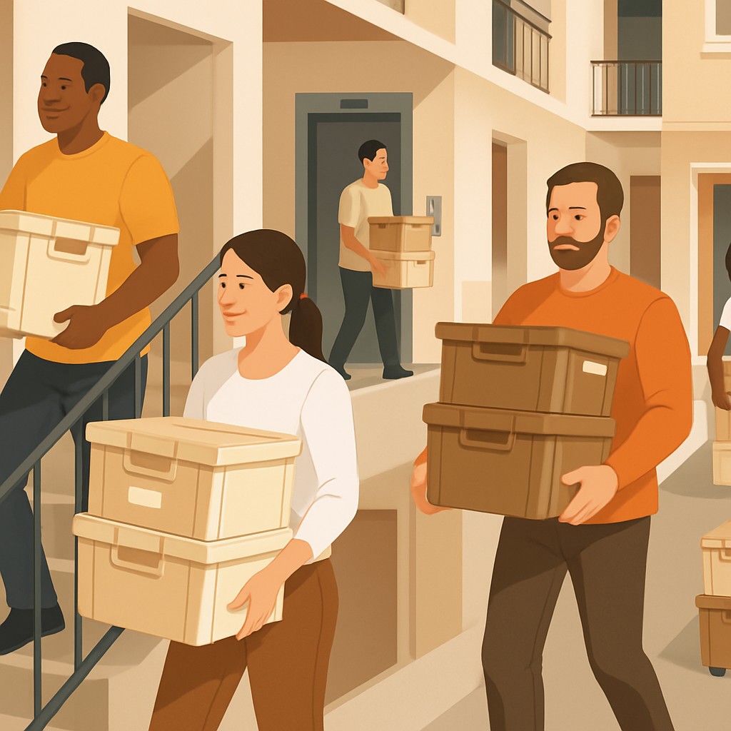 Illustration showing diverse individuals carrying boxes while moving between floors in a building.